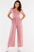 combinaison femme moderne élégante coupe ample taille élastiquée manches courtes col V coton lycra jersey doux rose poudré poches latérales