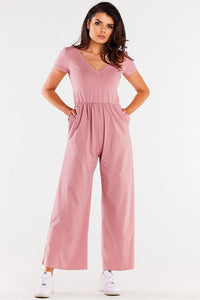 combinaison femme moderne élégante coupe ample taille élastiquée manches courtes col V coton lycra jersey doux rose poudré poches latérales