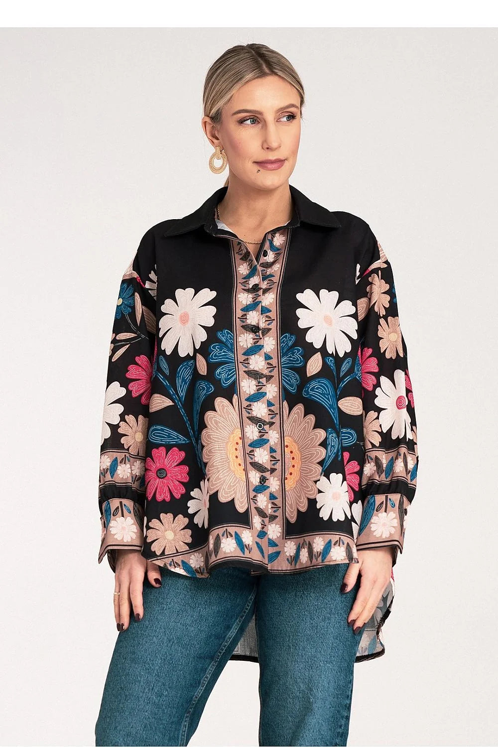 Chemise longue manches longues motif floral coloré femme polyester 100% coupe ample col classique
