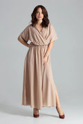 robe longue fluide beige nude chiffon cachecoeur boheme chic manches kimono courtes taille froncee elastiquee jupe evasee fente laterale plongeant