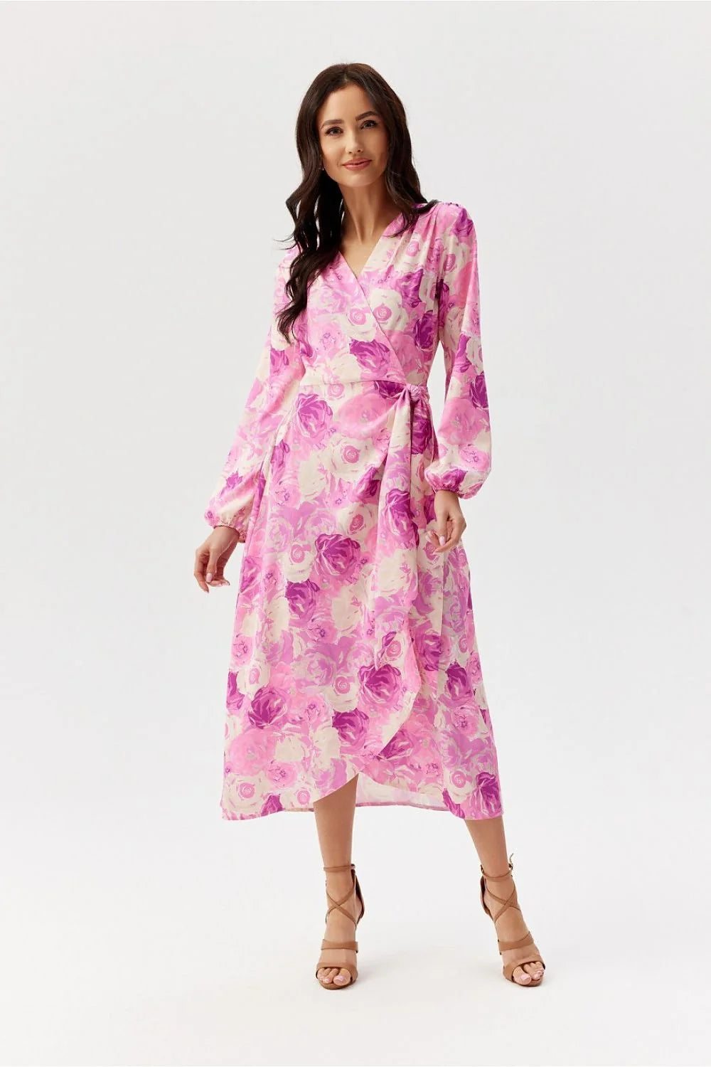 Robe de jour Roco Fashion élégante longues manches coupe portefeuille motif floral rose violet femme