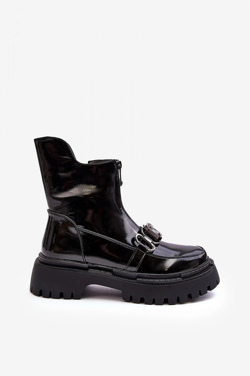 Bottines femelles style audacieux cuir verni noir talon renforcé fermeture éclair métallique urban look mode rock tendance femmes