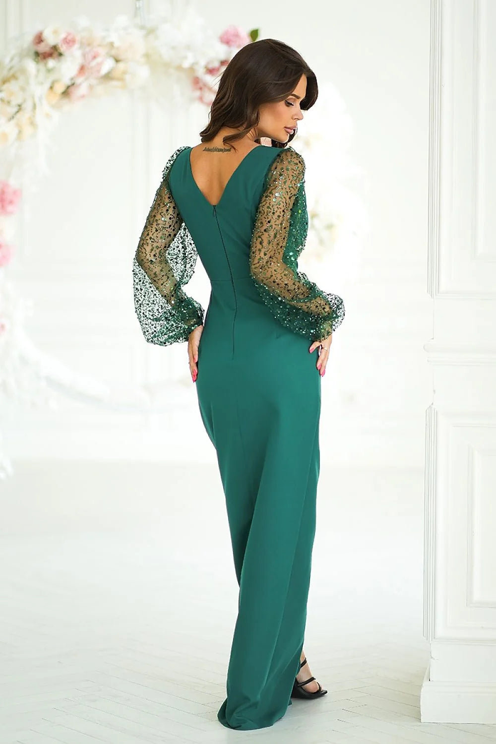 Robe longue élégante manches longues fente avant décolleté cœur dos nu vert émeraude femmes soirées