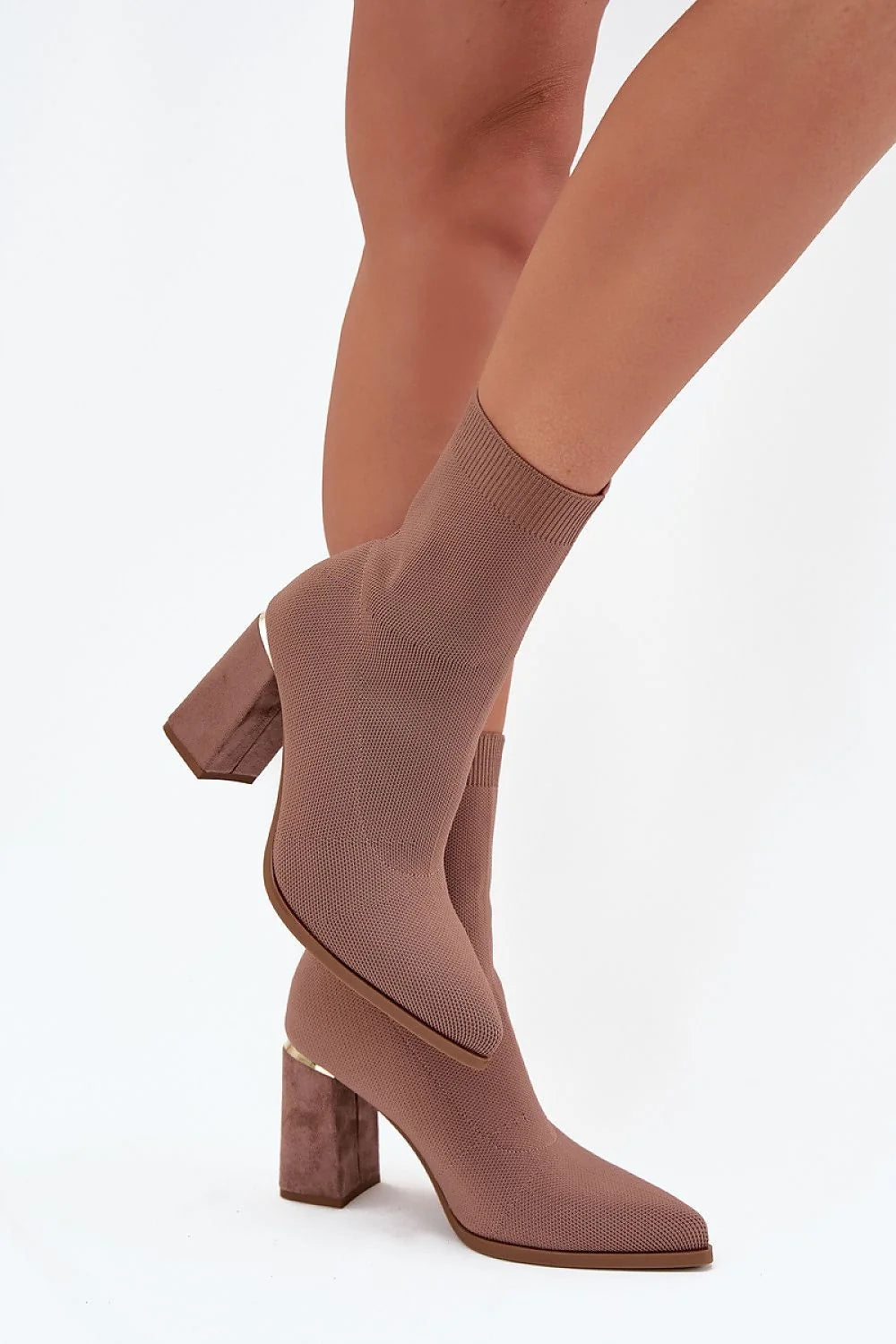 bottines chaussette femme maille extensible taupe mi mollet talon pilier suédé insert doré bout pointu semelle antidérapante confort