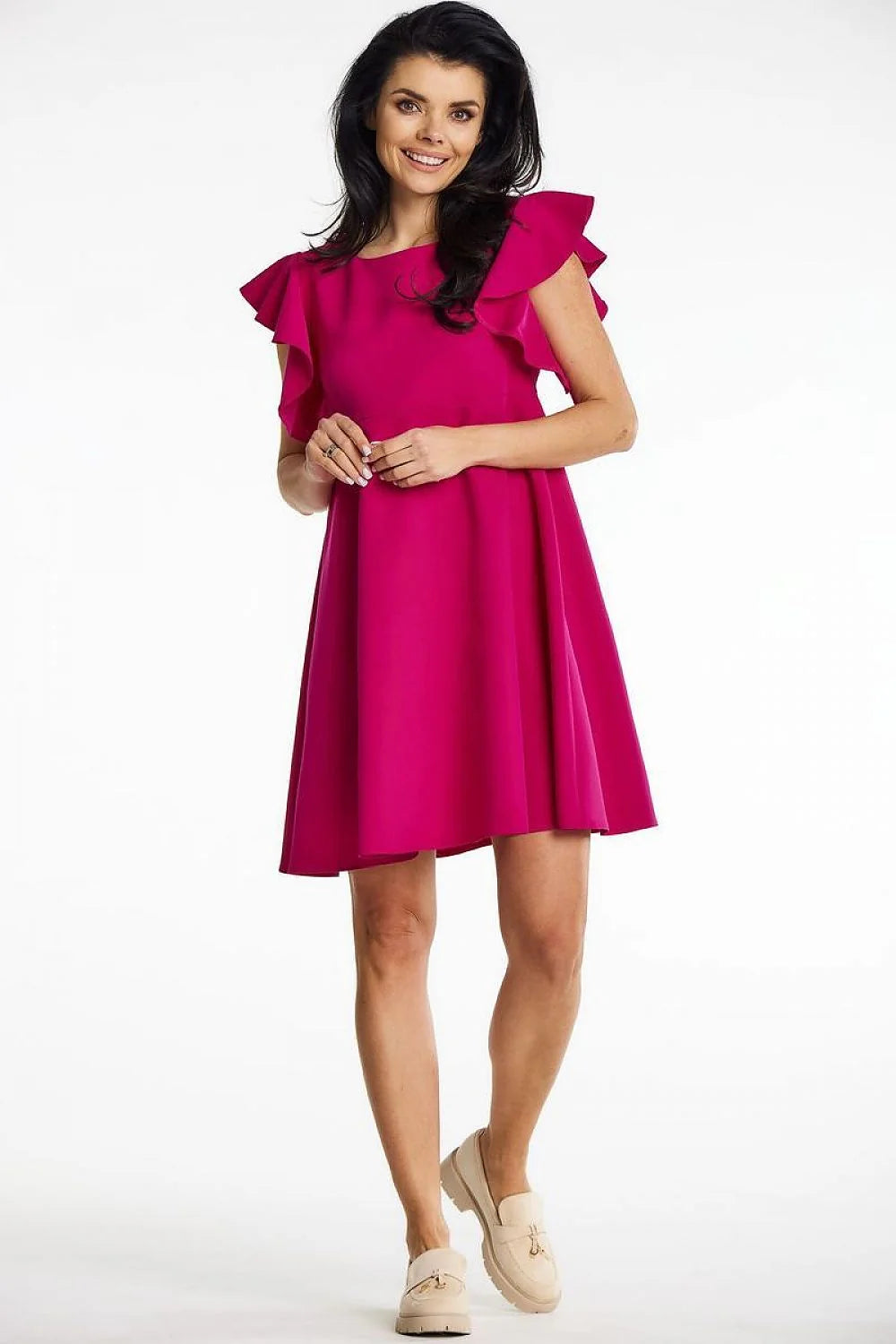 Robe de cocktail mini coupe trapèze encolure ronde volants épaules Polyester 95% Élasthanne 5% femme