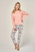 Pyjama Taro Ensemble Casual pour Femmes en Coton Doux Manches Longues Robe et Pantalon Floral Rose Pâle