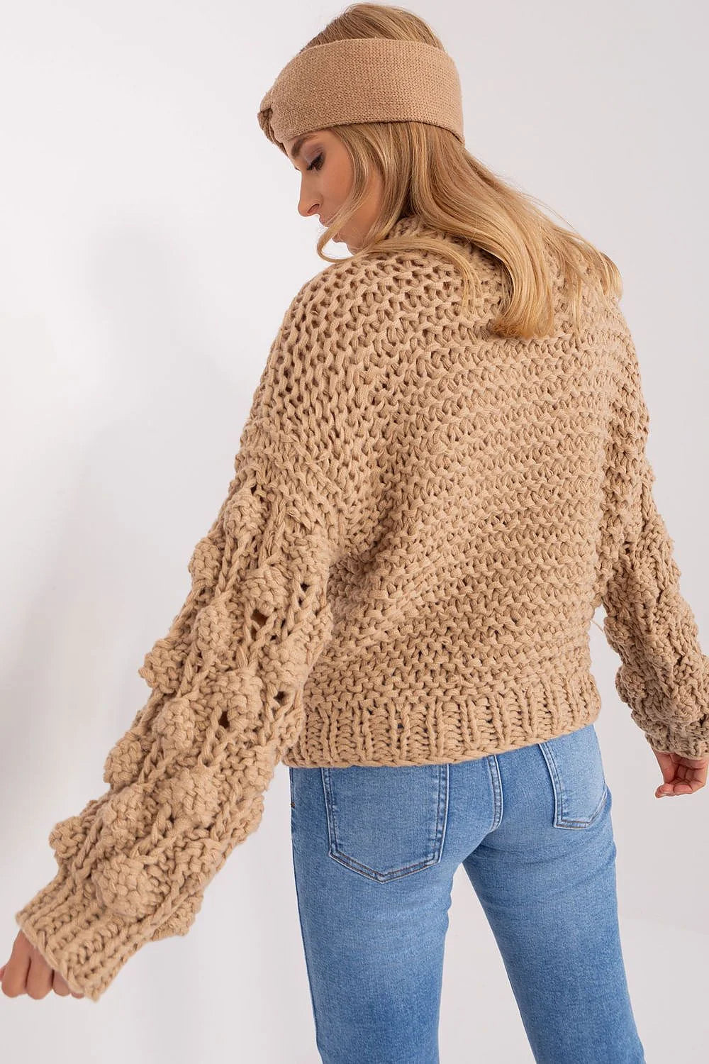 Ensemble sweater Women Beige Taupe Chunky Weave High neckline Puffed sleeves Twisted headband Autumn Winter Fashion Vêtements Mode