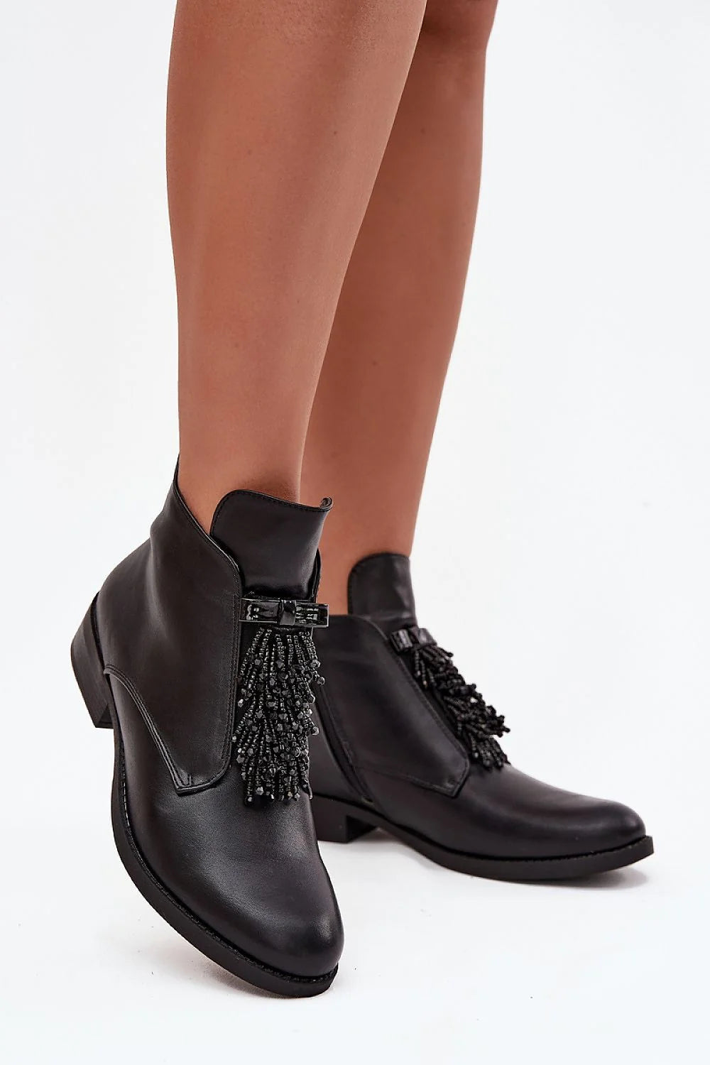 bottines femme sbarski similicuir noires boutarrondi talonbas carré coupecheville bride boucle frangesperles glissiere doublure douce confort durable bohemechic