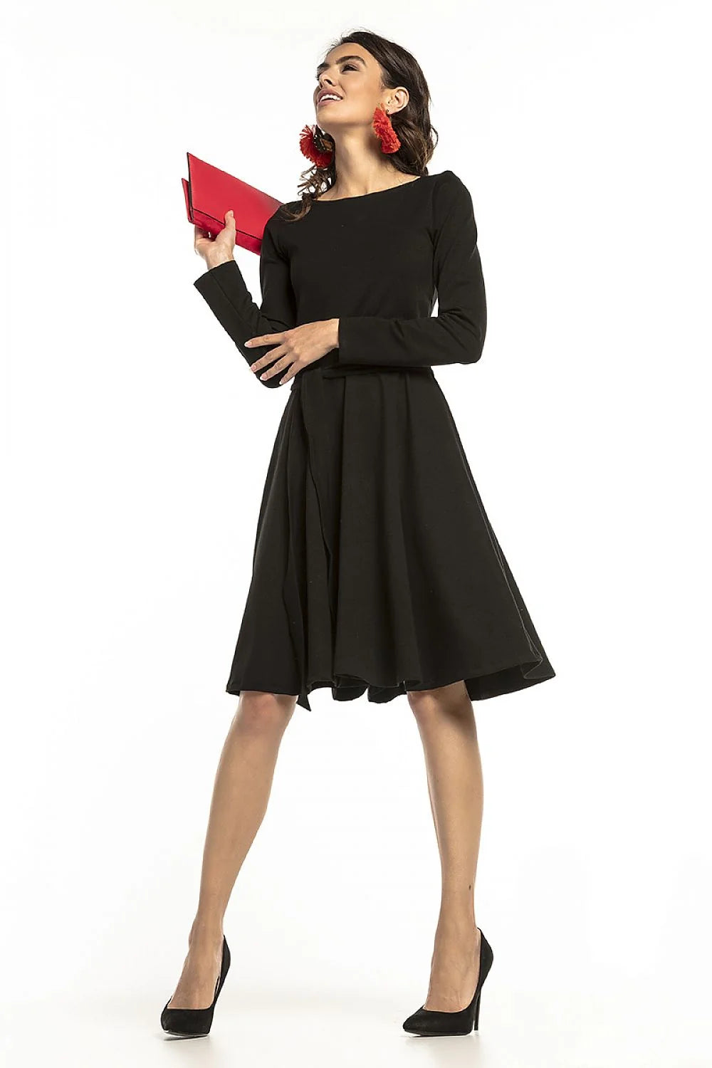 robe patineuse bleu roi femme manches longues encolure ronde taille cintrée jupe évasée plis volume tissu doux extensible coton élasthanne