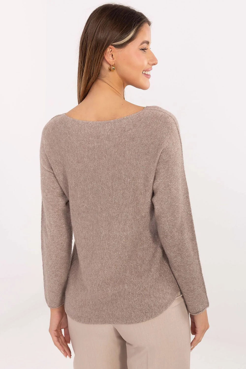 pull femme col rond manches longues coupe droite hanches taupe chiné maille douce chenille brocart subtil léger éclat