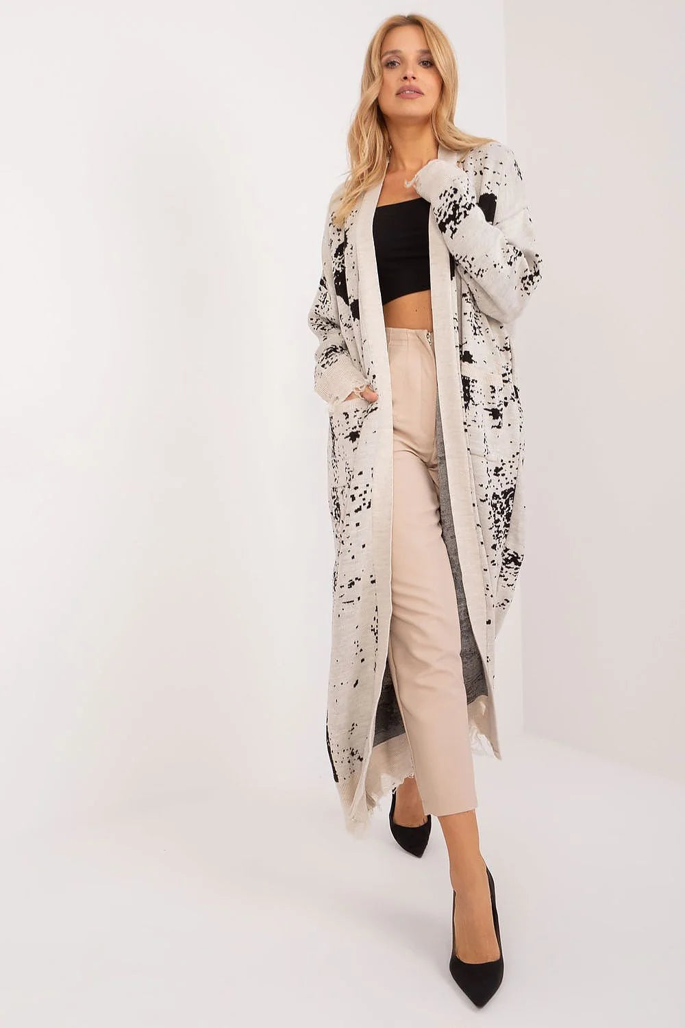 Cardigan longue femme marbré beige acrylique doux manches longues sans boutons poches latérales mode décontractée élégante été hiver