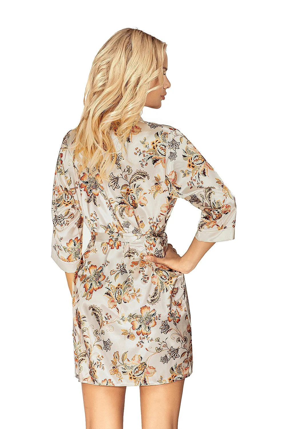 Peignoir en satin élégant motifs floraux romantique mi-long à ceinture ajustable pour femmes raffinées