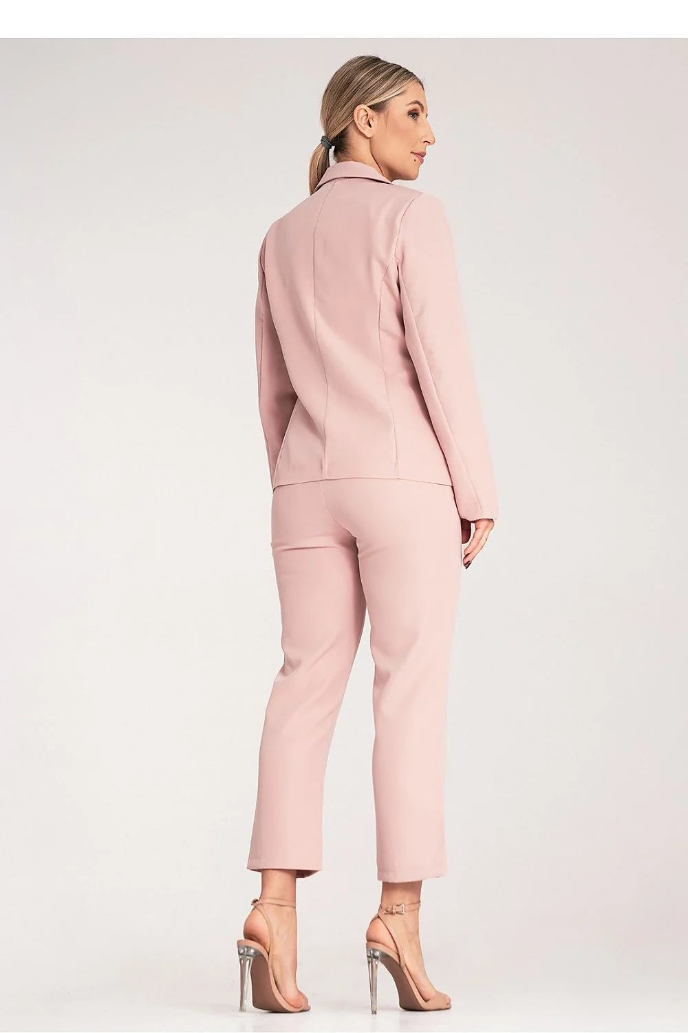 Tailleur-pantalon féminin élégant coupe ajustée rose pâle veste à col à revers pantalon droit polyester 5% élasthanne 95%