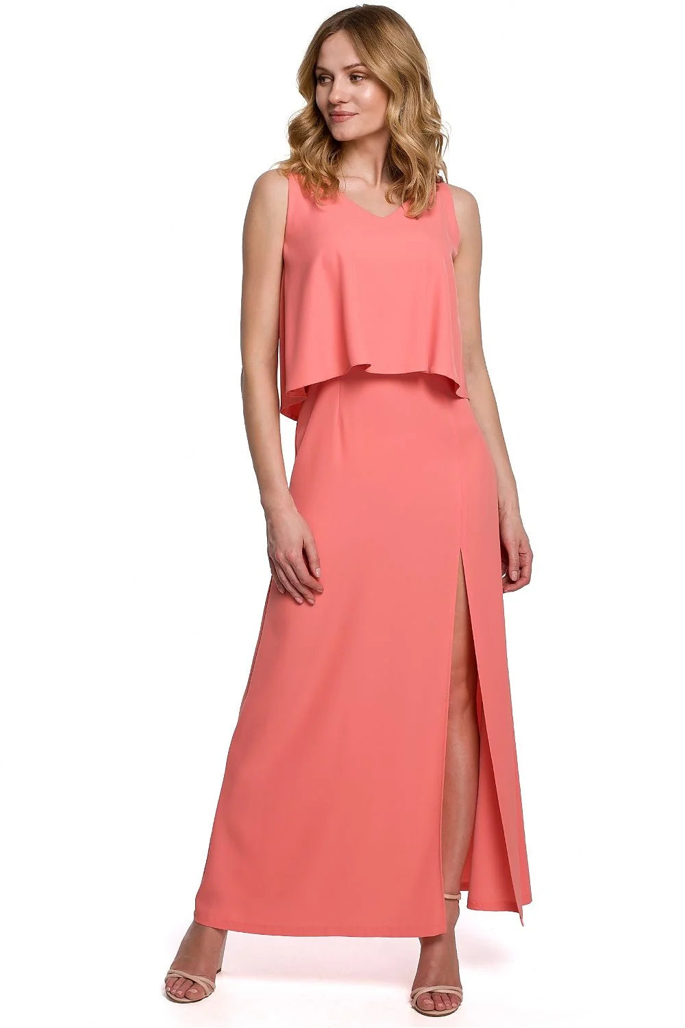 Robe cocktail polyester élasthanne longue corail sans manches élégante moderne fente latérale femme soirées