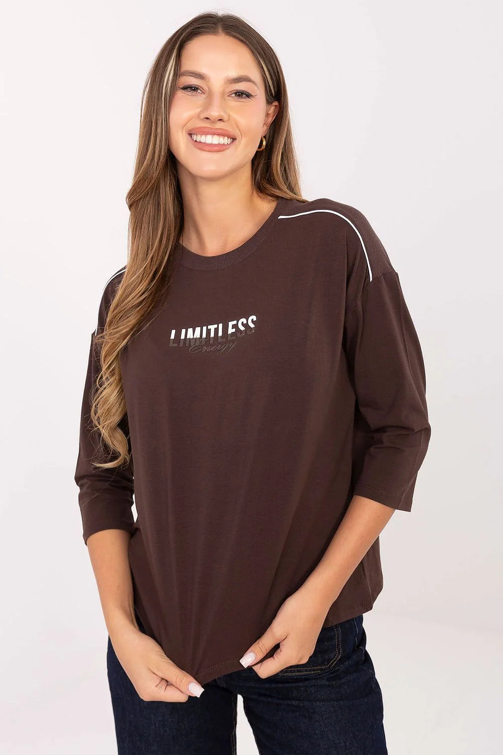 chemisier décontracté femme coton doux élasthanne manches troisquarts col rond coupe oversize marron chocolat imprimé LIMITLESS métallisé piping blanc