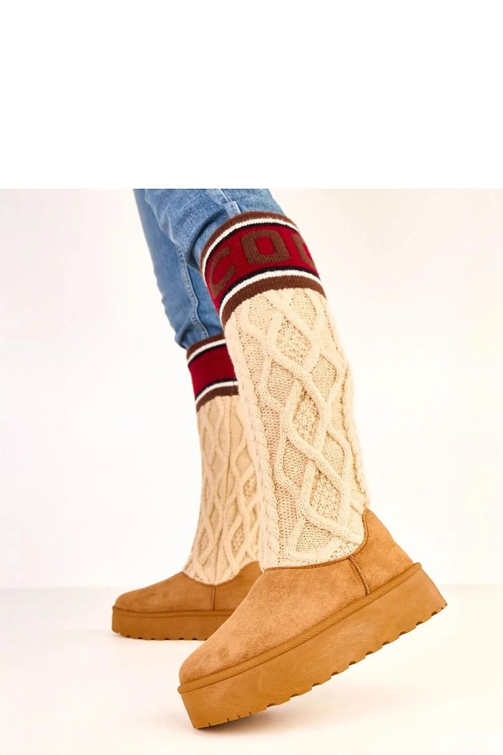 bottes neige femme tige haute 40cm cuir écologique suédine camel maille torsadée beige bord côtelé bordeaux plateforme 5cm