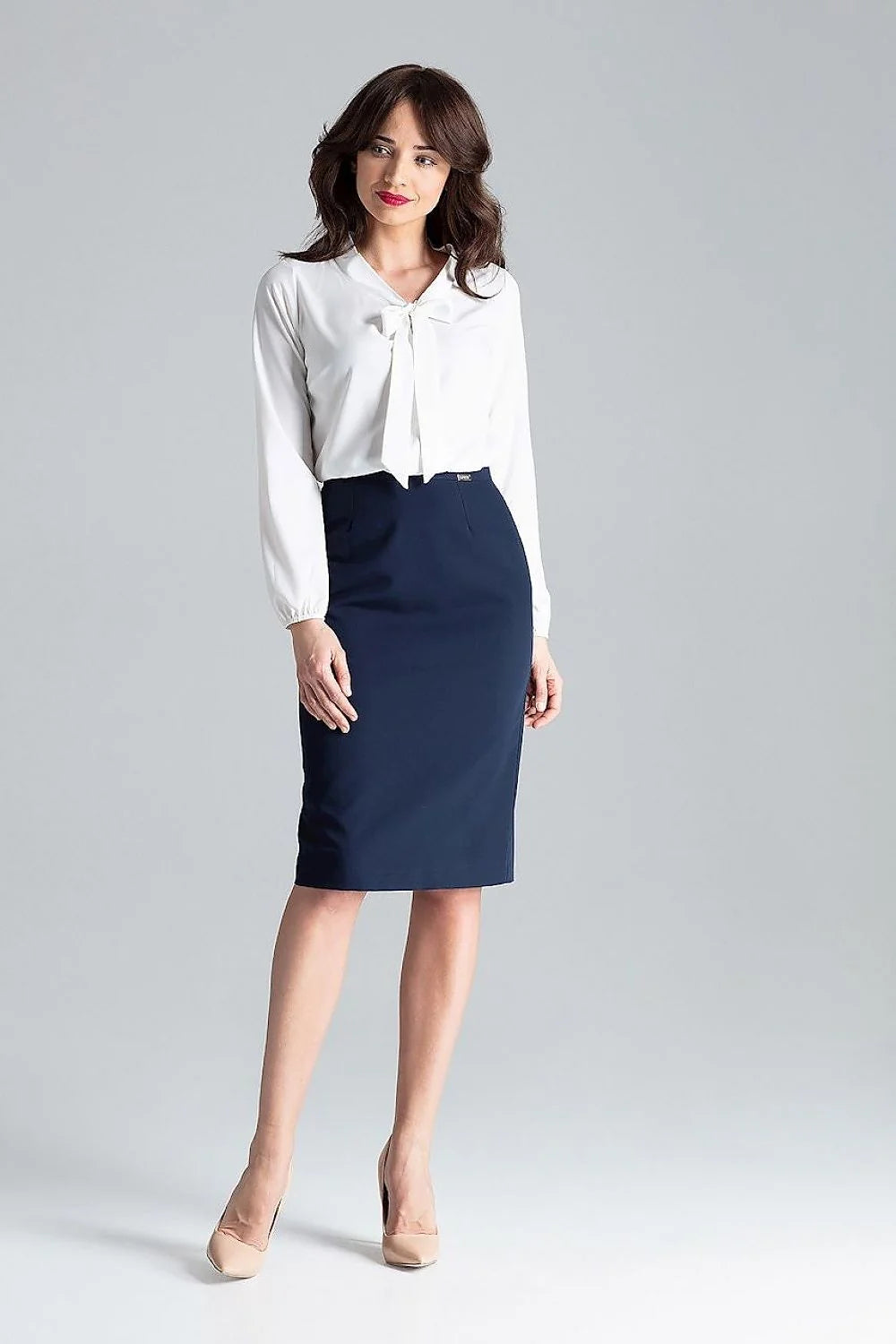 Chemisier Lenitif élégant manches longues nœud neckline robe blazer longueur totale taille ajustable Polyester Elasthanne femmes
