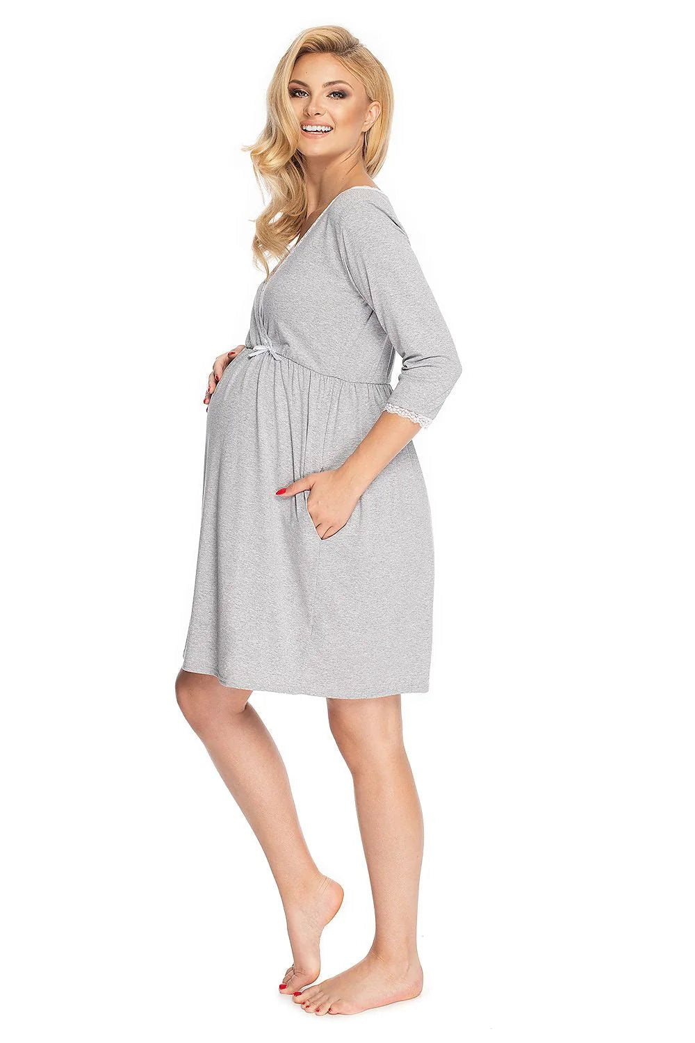 Chemise de nuit jersey croisée maternité élégante rose vif dentelle confort allaitement manches 3/4