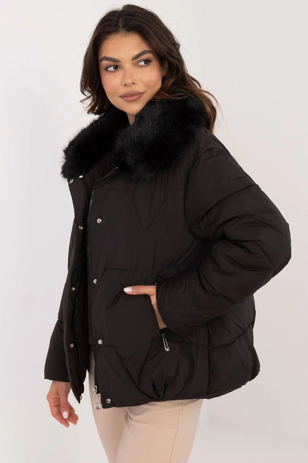 Veste matelassée pour femme style décontracté en polyester rembourrage synthétique col fourrure noire longueur standard fermeture éclair manches longues élégance quotidienne automne hiver