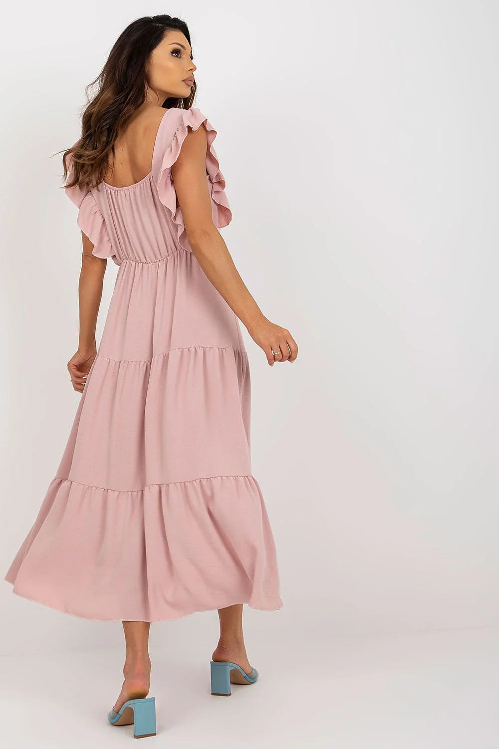 Robe d'été pour femme coupe ample manches courtes col carré taille élastiquée couleur rose pâle
