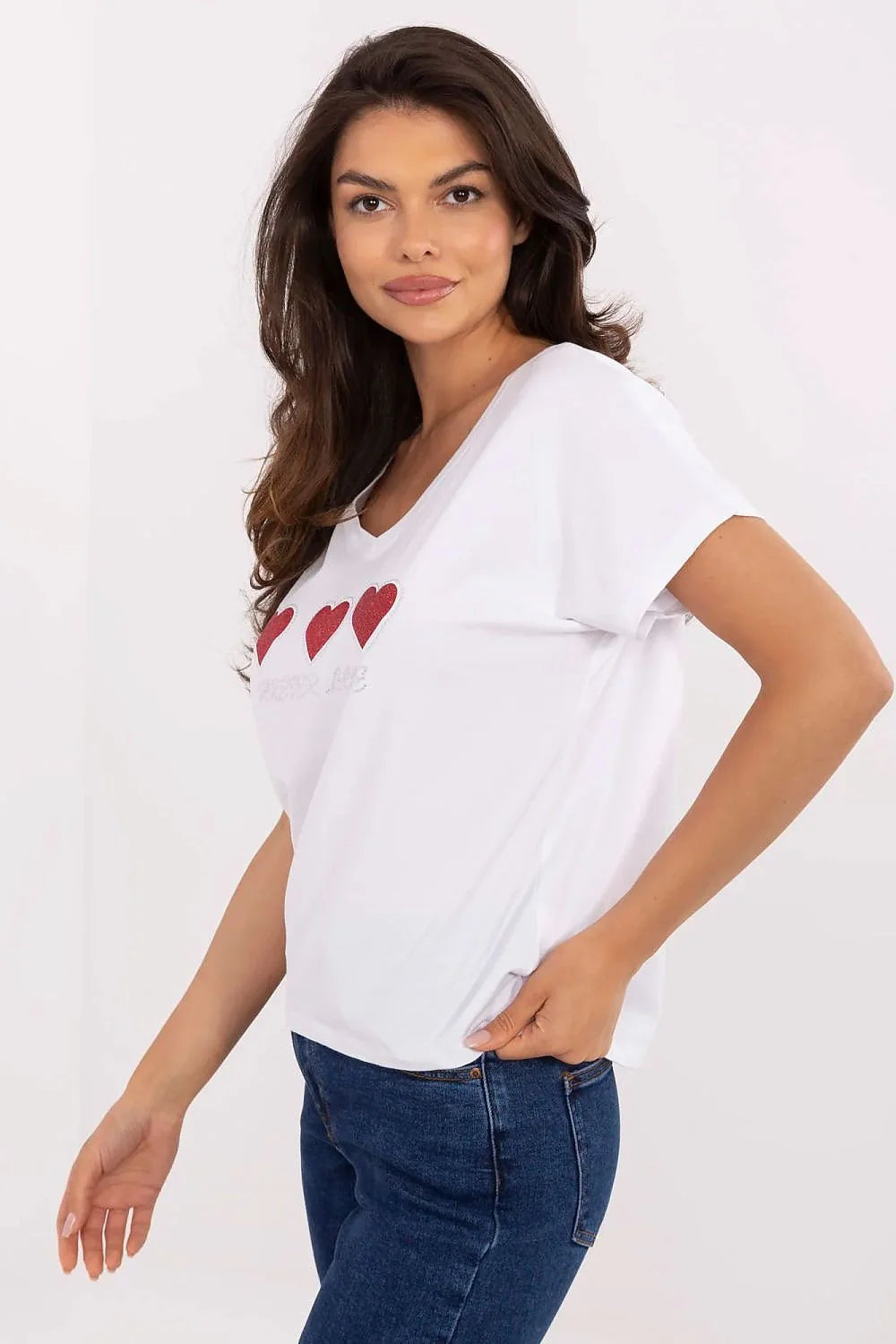 T-shirt femme blanc coton col V manches courtes cœurs glitter FOREVER LOVE