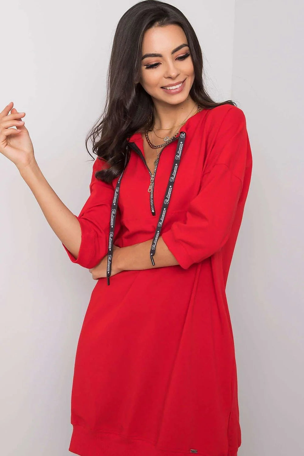 robe casual femme taupe coton elasthanne manches trois quarts fentes latérales coupe loose oversize cordon noir amovible bords côtes
