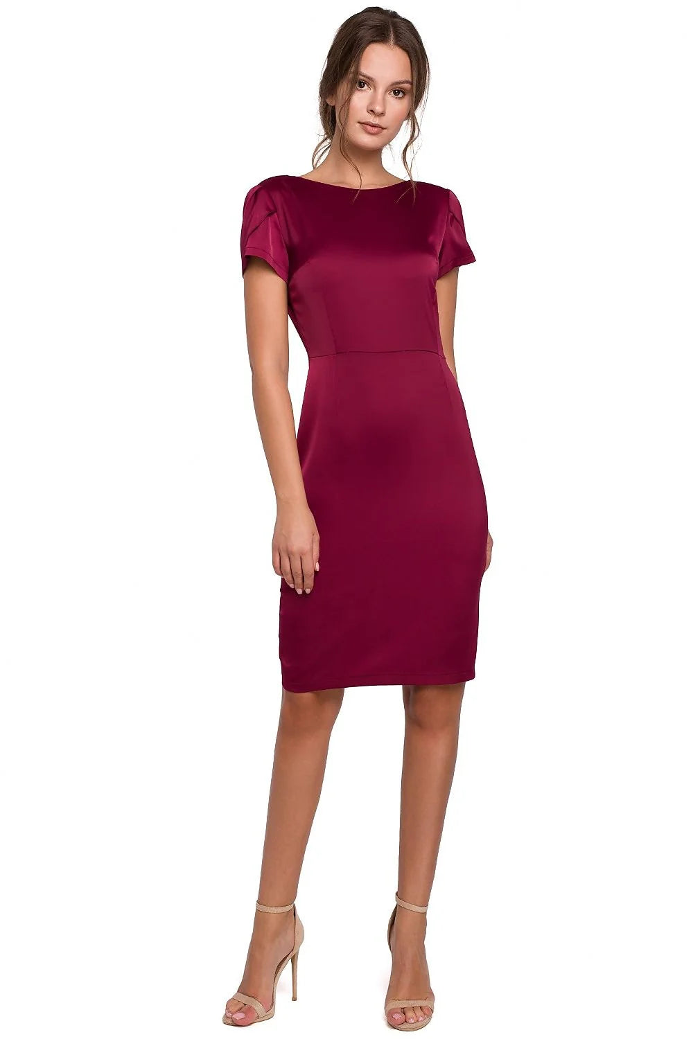 Robe cocktail satin bleu marine élégante ajustée manches courtes pour soirées femmes style classique
