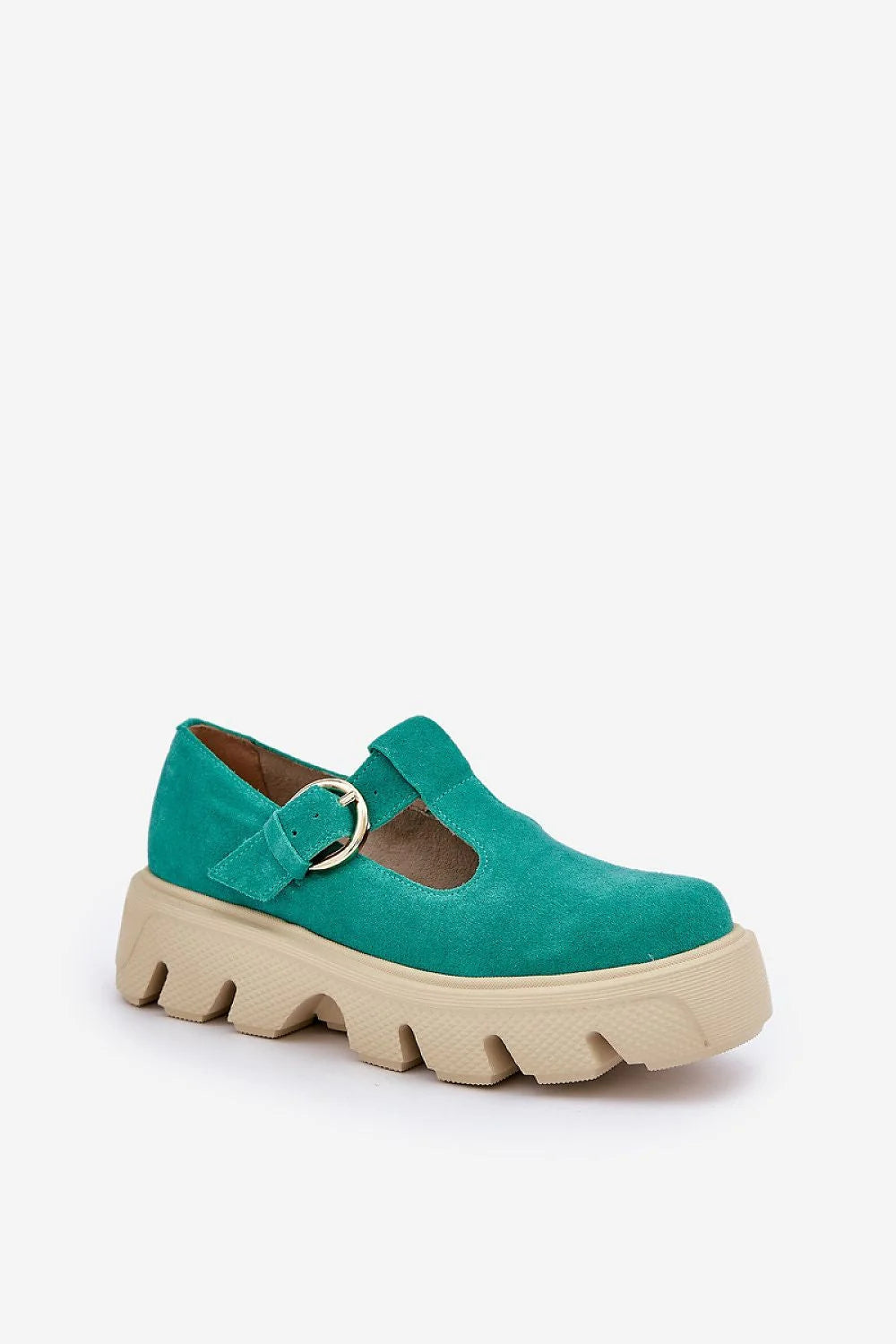 Chaussures basses femmes style Mary Jane tige suède turquoise large strap golden buckle confortable mode tendance