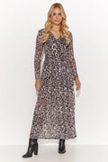 robe longue maxi femme Makadamia imprimé léopard beige manches longues encolure V taille marquée jupe plissée fluide transparent