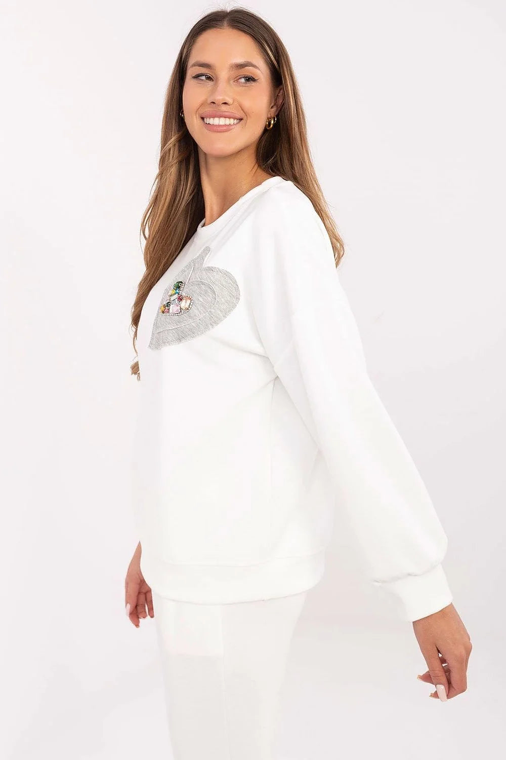 Sweatshirt moderne élégant pour femme blanc col rond manches longues motif cœur perlé polyester viscose élasthanne confort haute qualité