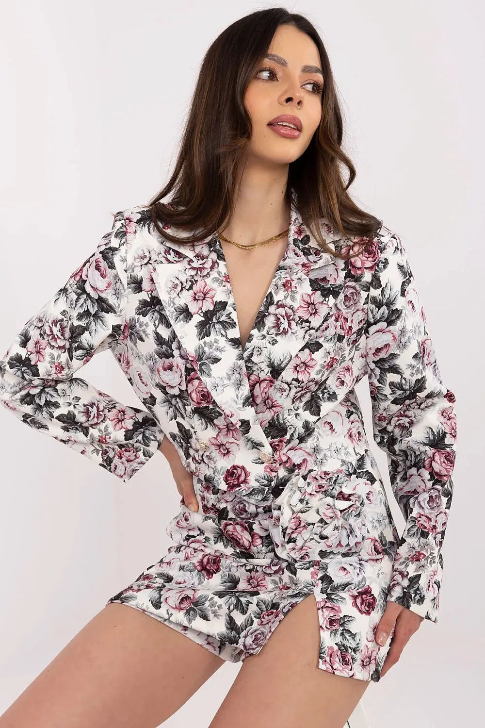 Ensemble féminin Italy Moda floral court veste jupe ajustée tissu satiné polyester romantique élégant工作 occasion femme