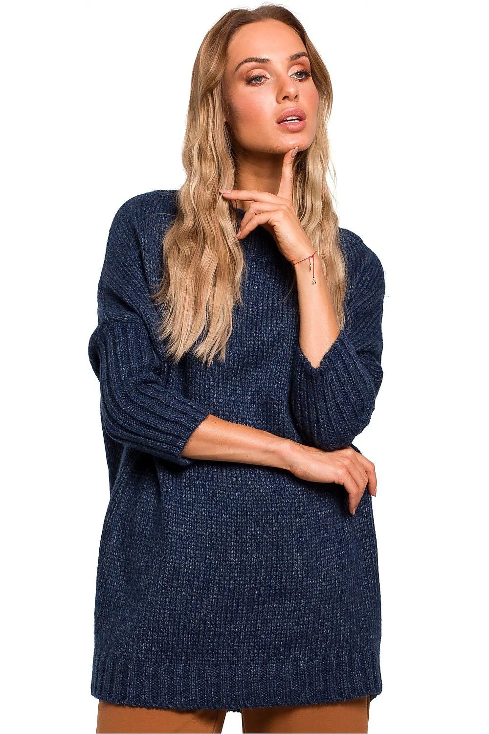 Pull en laine acrylique bleu marine oversized confortable manches longues élégant pour mode automne hiver