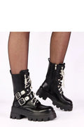 bottines femme noir simili cuir lisse biker militaire mi mollet chunky plateforme crantée talon6cm lacées zippée latérale sangles boucles zircons
