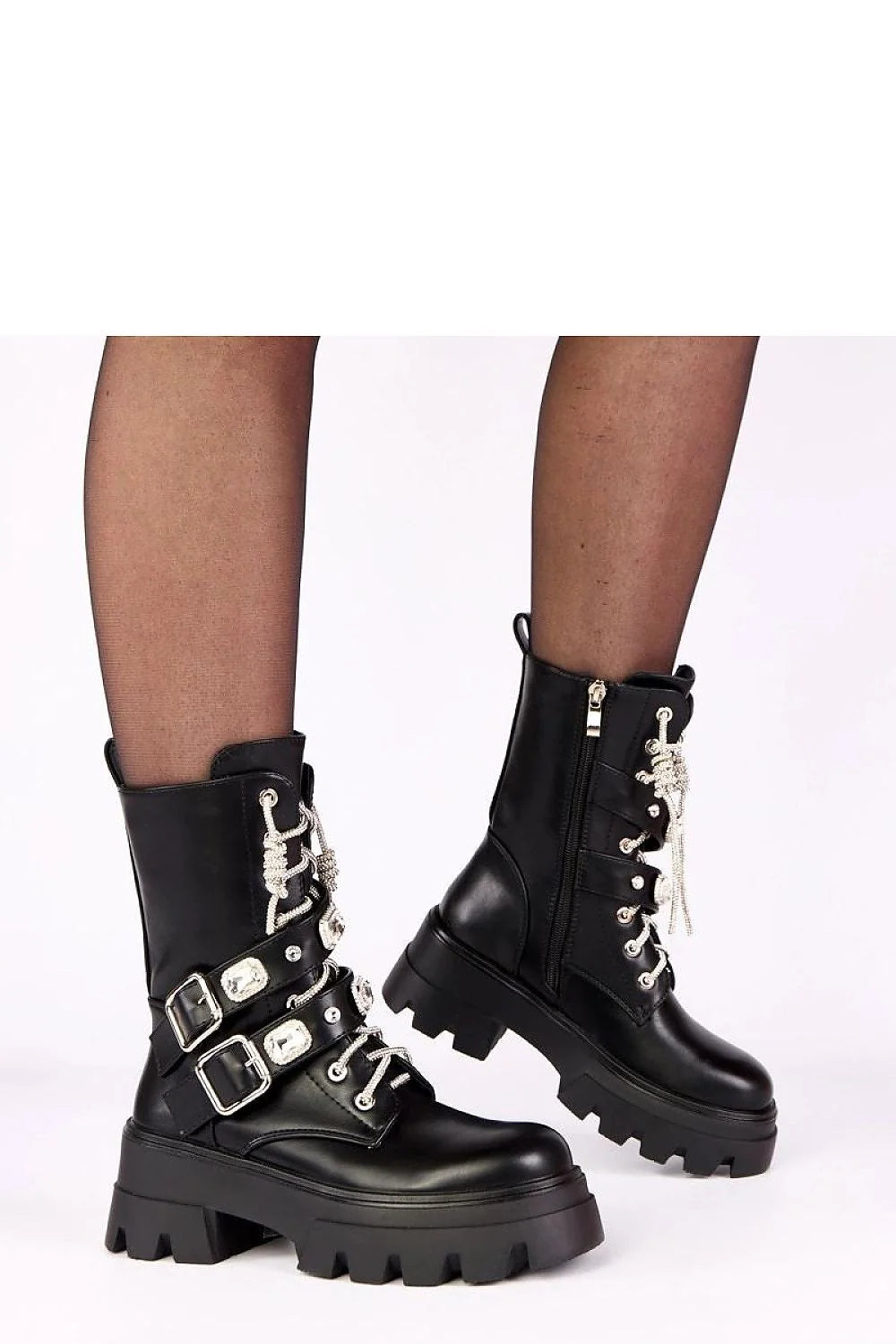 bottines femme noir simili cuir lisse biker militaire mi mollet chunky plateforme crantée talon6cm lacées zippée latérale sangles boucles zircons