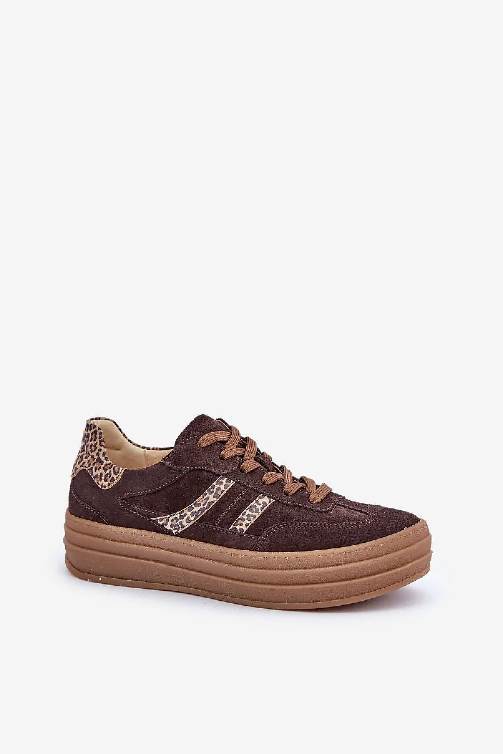 Chaussures de sport Step in style pour femmes, plateforme confortable, tige en cuir suédé, motifs léopard, couleur marron foncé, style moderne, ajustement à lacets, bout rond, versatile, élégance, quotidien, mode, durabilité, hauteur
