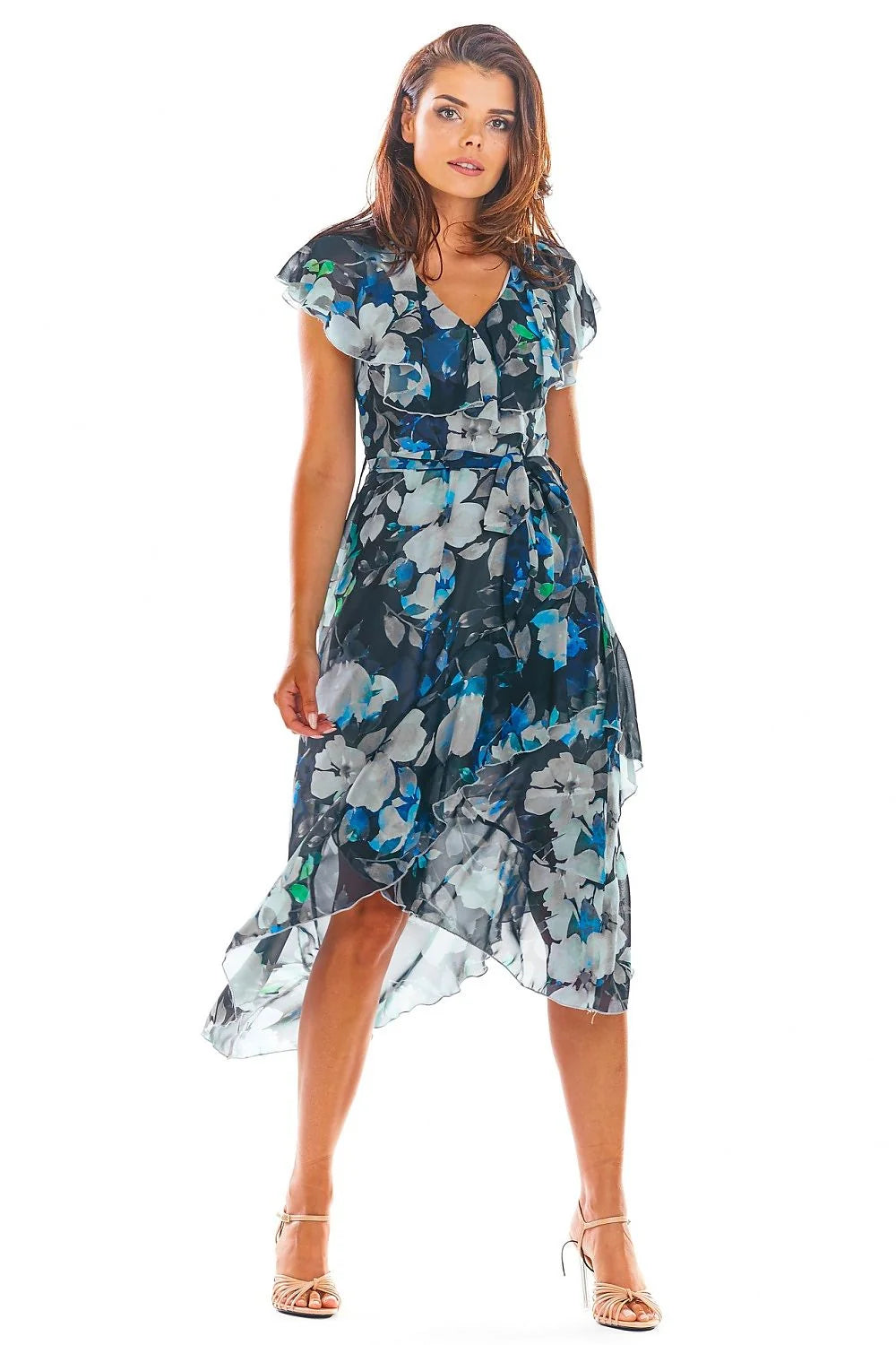 Robe de cocktail élégante asymétrique en mousseline floral manches courtes décolleté V ceinture ajustable femme