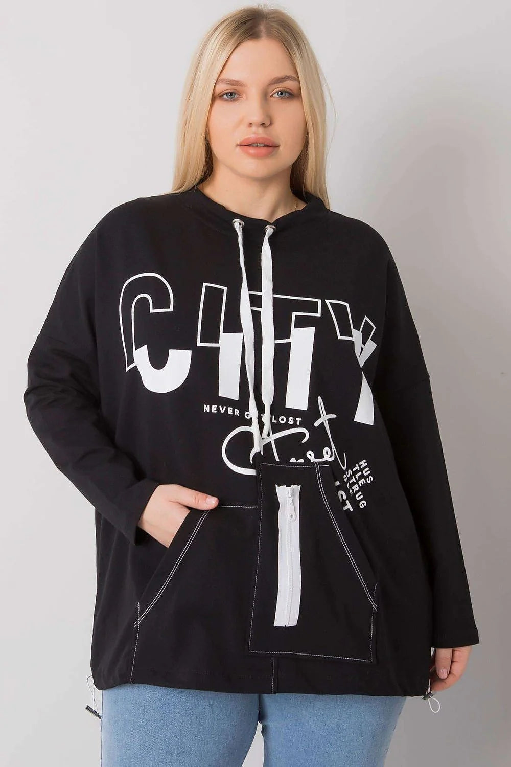 Sweat à capuche noir coton urbain moderne confortable ample avec impression CITY pour femmes tendance
