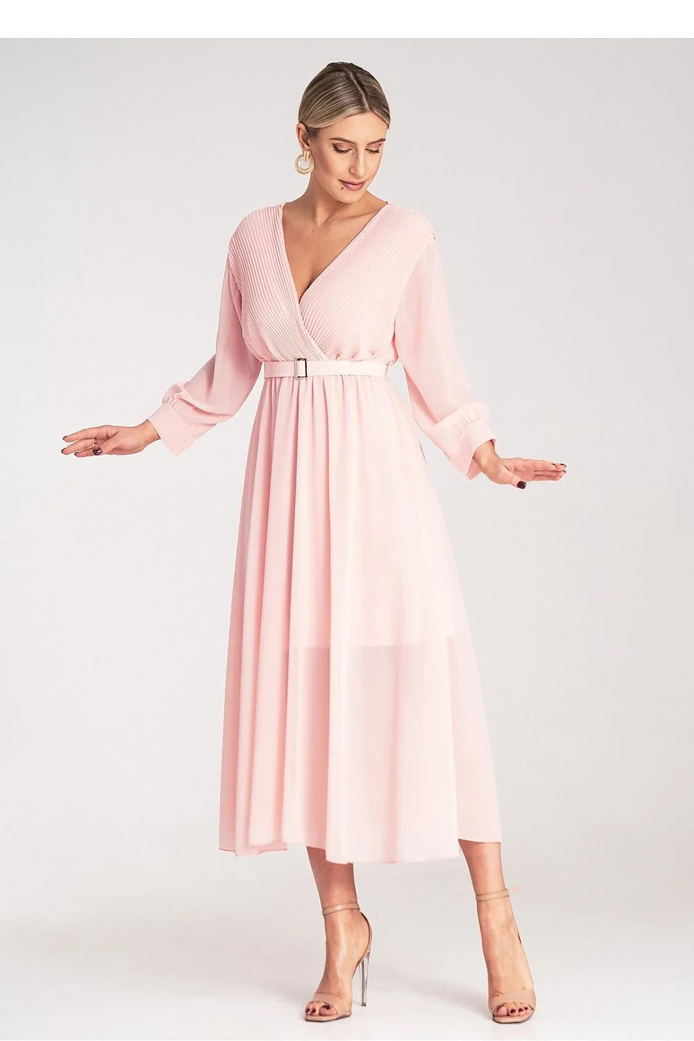 Robe de cocktail élégante longue manches longues col V profond ceinture ajustable femme Polyester 100%