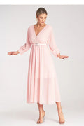 Robe de cocktail élégante longue manches longues col V profond ceinture ajustable femme Polyester 100%