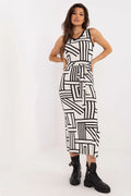 Robe de jour Lakerta, robe crayon midi sans manches, encolure en cœur, motif géométrique, ceinture assortie, tissu doux et élastique, femmes élégance et confort