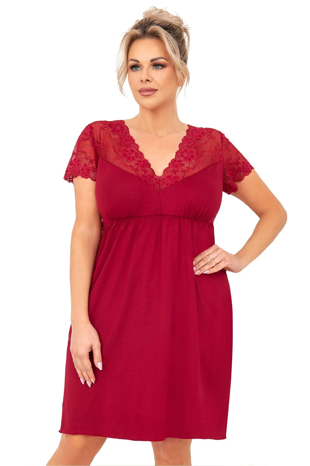 Robe empire élégante pour femme manches courtes dentelle encolure V couleur rouge vif tissu doux ajustée buste