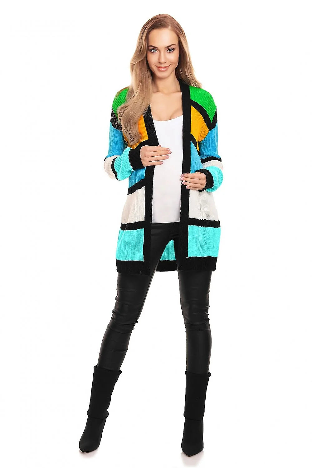 Cardigan audacieux pour femme, motifs géométriques, couleurs vives, manches longues, sans fermeture, maille épaisse, style moderne, confort optimal, idéal pour tous les jours