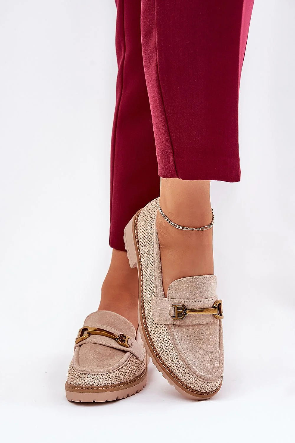 Mocassins femmes suédine écologique doré design moderne confort talon plat occasion quotidienne sortie élégante