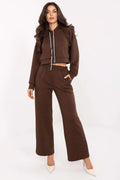 ensemble survêtement femme crop capuche cordons contrastants marron chocolat micro pois blancs molleton doux viscose polyester stretch strass brillant