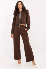 ensemble survêtement femme crop capuche cordons contrastants marron chocolat micro pois blancs molleton doux viscose polyester stretch strass brillant