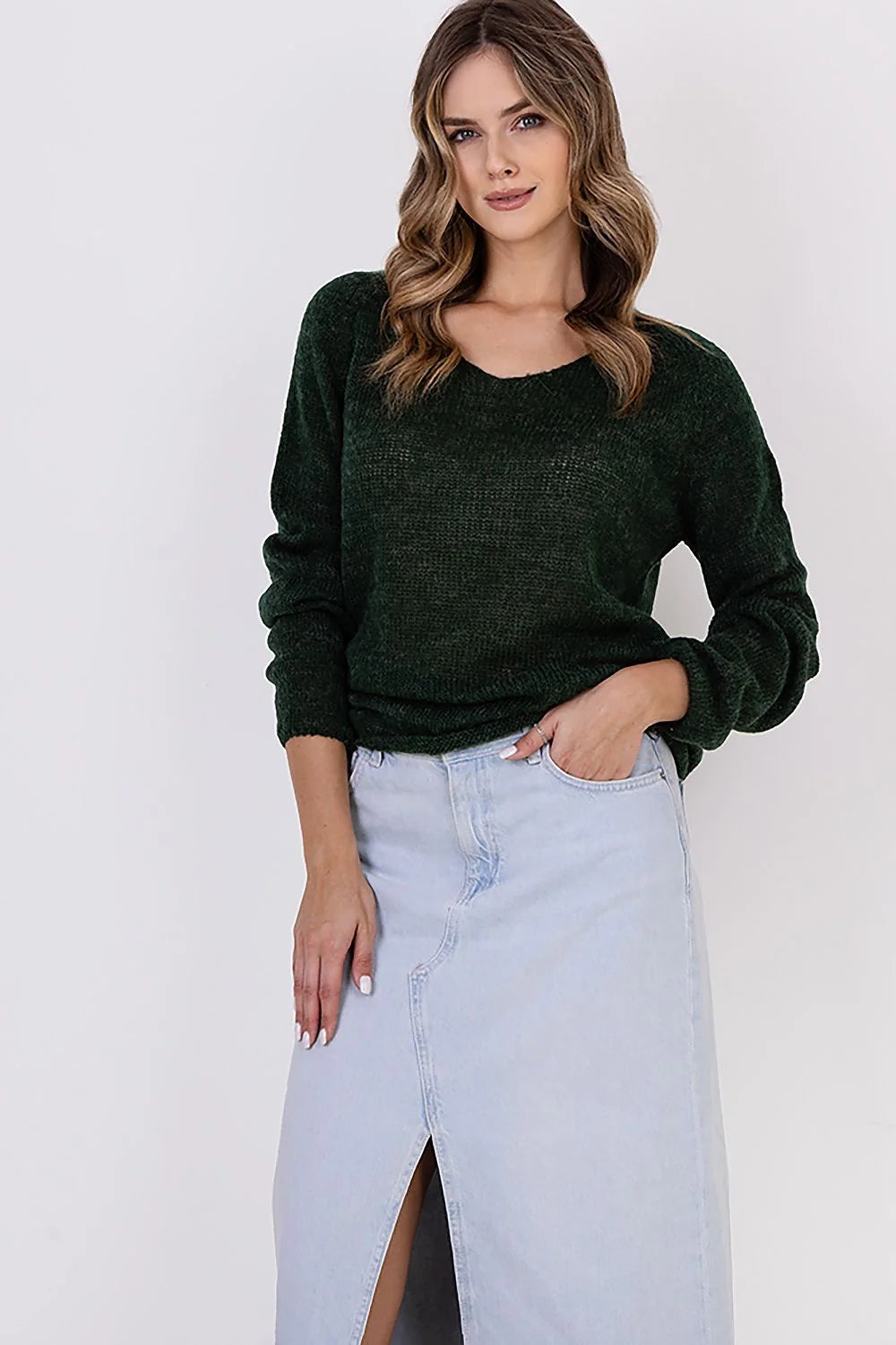 Pull transparent femme manches raglan léger brumeux acrylique polyamide polyester laine vert ample encolure ronde