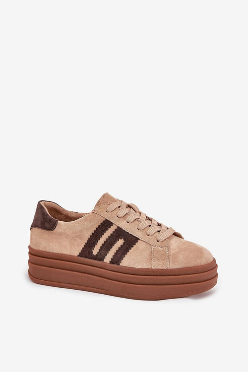 baskets femme daim beige bandes latérales marron festonnées bout rond laçage plateforme compensée triple relief gomme col rembourré