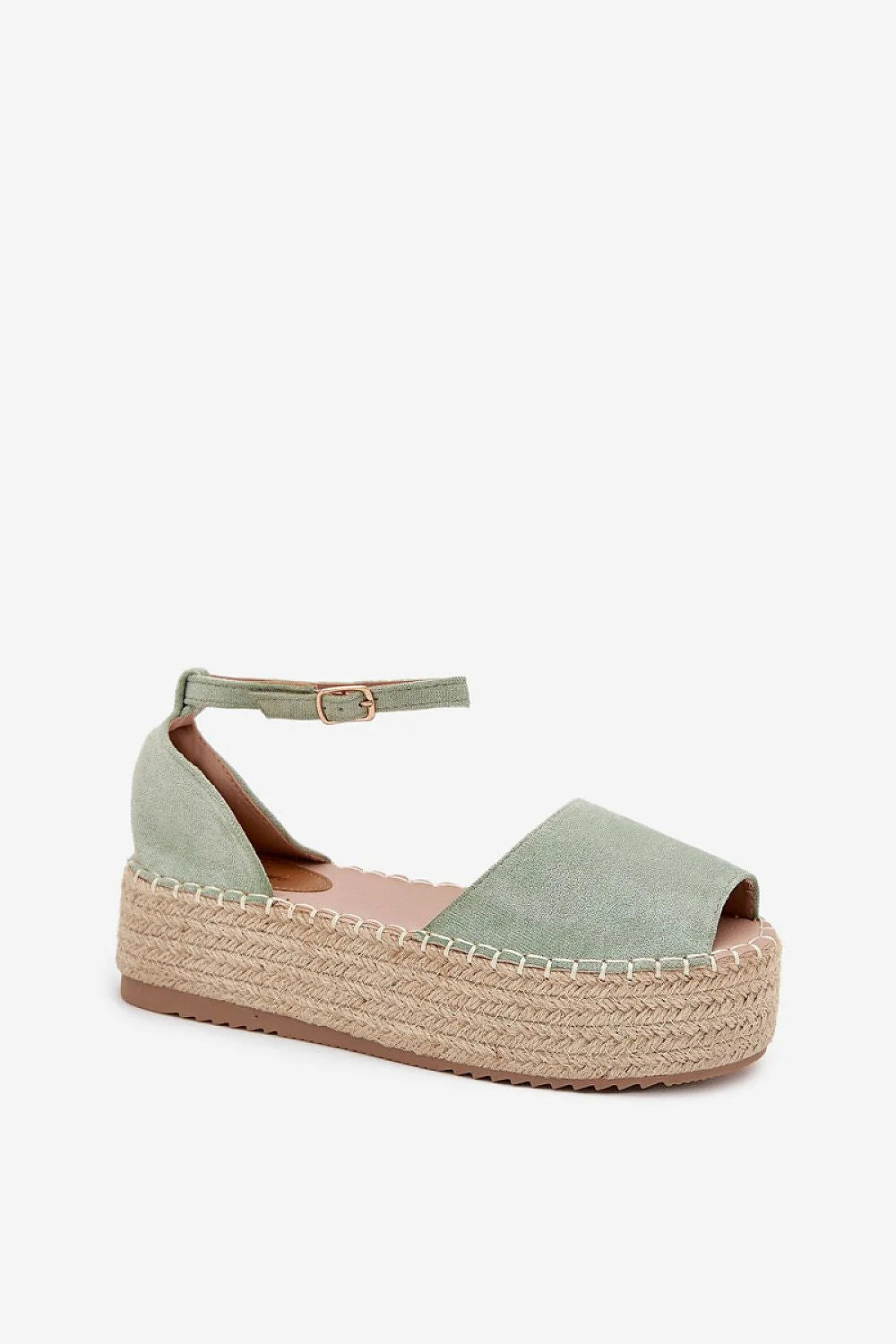 espadrilles compensées femme suédine écologique vert sauge plateforme tressée jute peeptoe bride cheville réglable boucle dorée maintien confortable