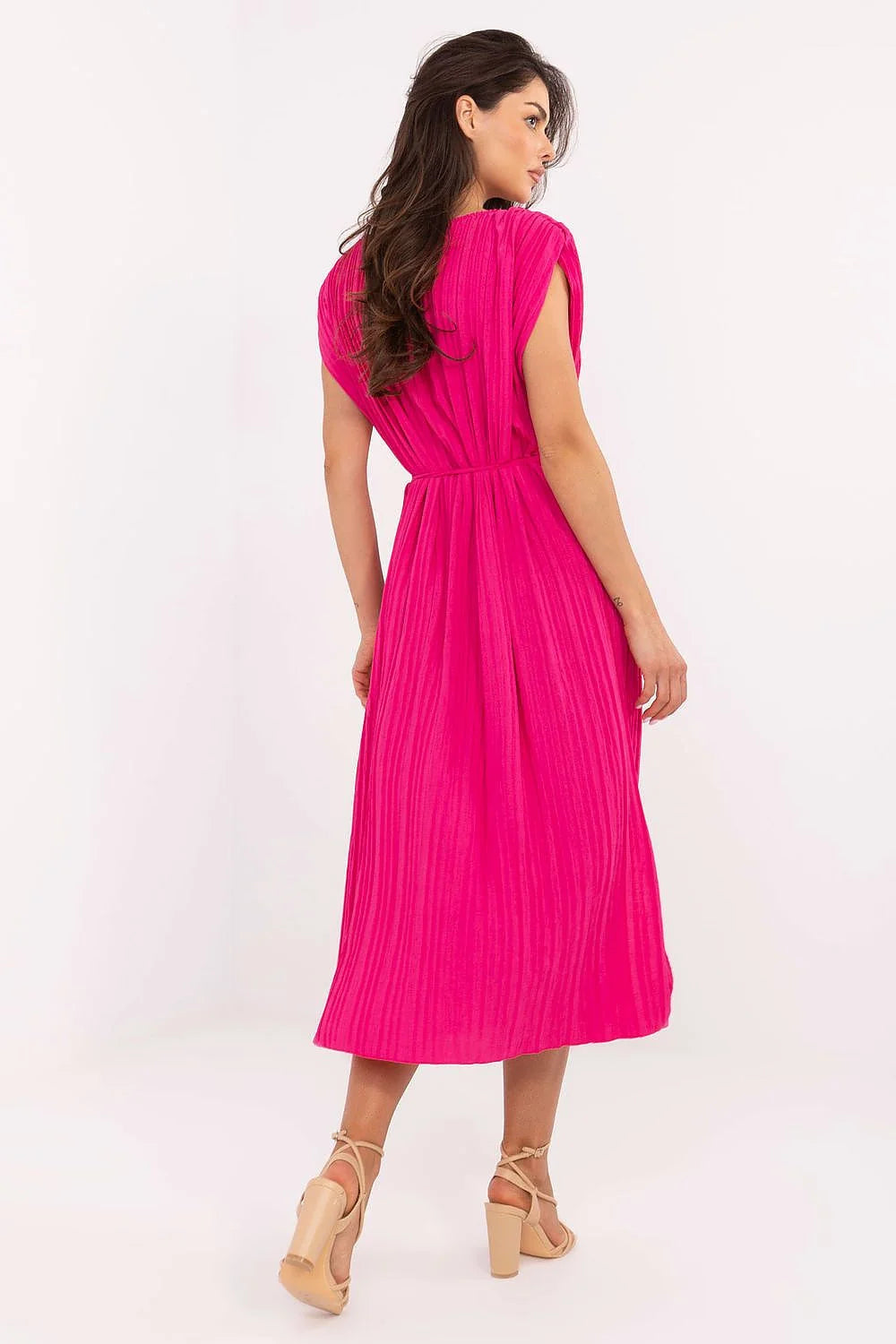 Robe de jour Italy Moda midi manches courtes fuchsia vif polyester léger plissé cordelette métallique femmes occasions quotidiennes festives