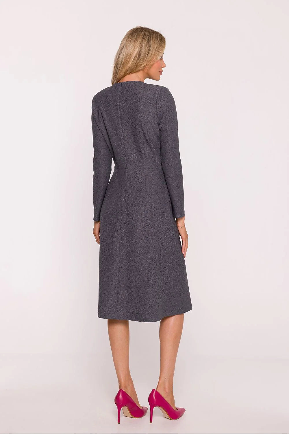 robe trapèze midi gris anthracite manches longues tissu structure melange laine encolurearrondie fente legere noeuds decoratifs poches laterales